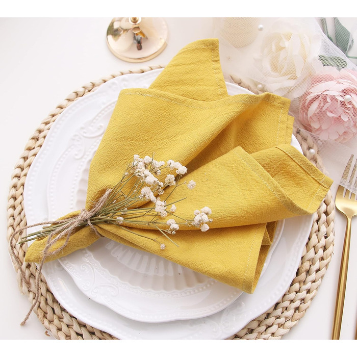JINVASE Fabric Napkins, 100% Soft Cotton Linen Napkins, Washable Fall Napkins with Hemmed Edges, for Wedding Decorations, Christmas, 16 x 16 inches (12 Pack, Mustard Yellow)