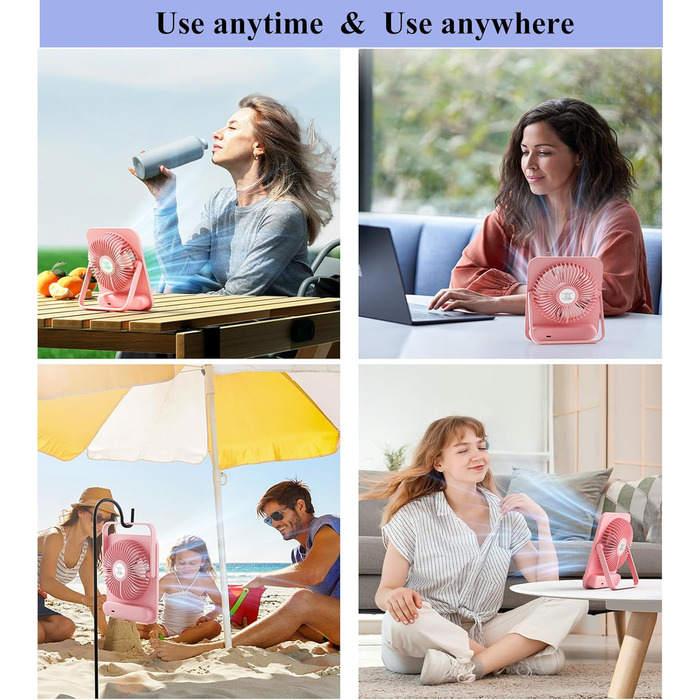 USB вентилятор WHATOOK: безшумний, з регулюванням швидкості 1-100, акумуляторний, з LED-дисплеєм, портативний, компактний, для офісу, дому, кемпінгу, подорожей (5000mAh, рожевий & фіолетовий)