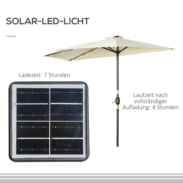Сонцезахисний парасоль від Outsunny, 265x240 см, напівкруглий з LED-підсвіткою, напівкругла парасоль для тераси з ручним механізмом та сонячною панеллю, метал, бежевий