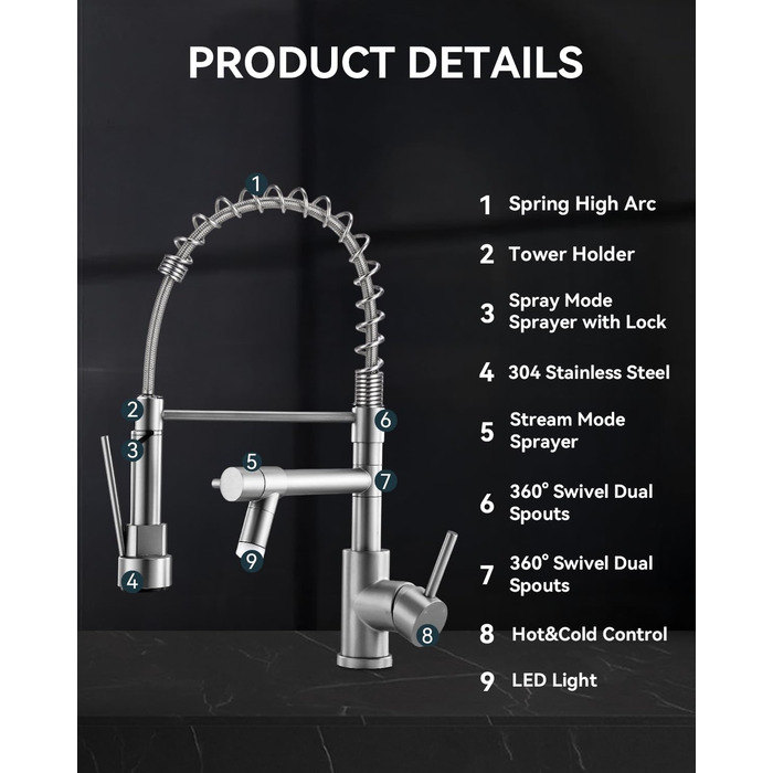 Сучасна кухонна змішувач Warmiehomy з LED-підсвічуванням, поворотний на 360°, з двома виливами, високий вигин, спіральна пружина, для мийки, з нержавіючої сталі, брашований нікель