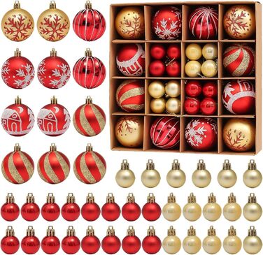 Набір прикрас для ялинки Robofun 44 шт. (червоний, золотий), міцні та безпечні, пластикові кульки для декору ялинки в приміщенні та на вулиці