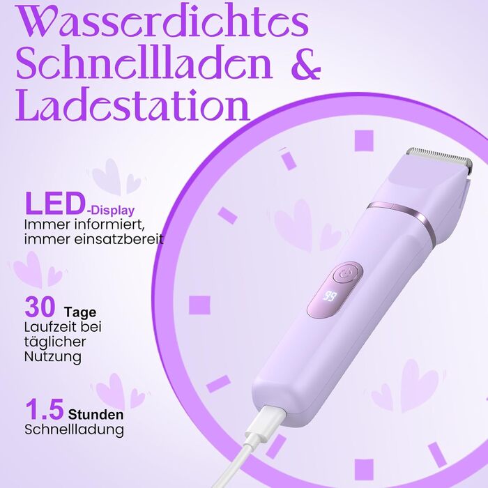 Електричний жіночий тример 3-в-1 для тіла та інтимної зони з LED-дисплеєм, USB-зарядка, IPX7, фіолетовий