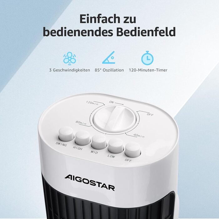Вентилятор вежний Aigostar Leise Turmventilator 76 см з осциляцією та таймером - 3 швидкості, 45 Вт
