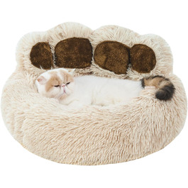 Jiupety Pet Round Dog Bed in Paw Shape, Soothing Donut Dog Bed, Faux Fur Cat Bed, medium size. The diameter is 56cm, comfortable and soft, machine washable (L 56 cm x W 56 cm x H 15 cm, Camel)