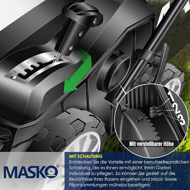 MASKO® Електричний аератор-скарифікатор 2в1 для газону, 1800 Вт, 40 см, 55 л, регулювання глибини, лоток, щітка, рукавички