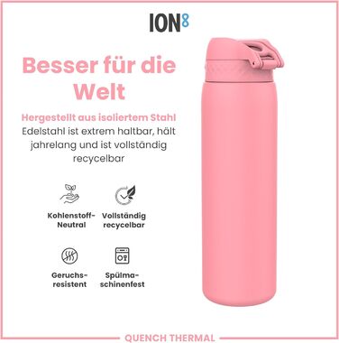 Ion8 Vacuum Insulated Stainless Steel Water Bottle, 1 Liter, 920 ml, Leak-Proof, One-Handed Opening, Secure Locking, Dishwasher Safe, Carrying Handle, Durable, Ideal for Sports and Yoga (OneTouch 2.0, Rose Pink)