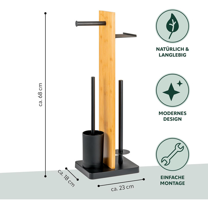 Набір для туалету Eluno Stand-WC 4в1: щітка, тримач туалетного паперу, полиця, бамбук/метал (чорний)