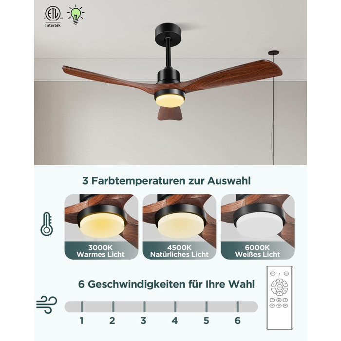 Стеляний вентилятор з підсвічуванням та пультом керування, тихий DC двигун, 132 см, 3 дерев'яних лопаті, таймер, 6 швидкостей, сертифікат ETL, режим літо/зима для спальні, коричневий