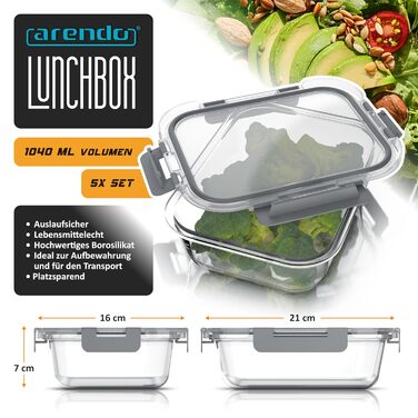 Контейнери для зберігання продуктів Arendo Glas, 5 шт. 1000 мл, герметичні, для мікрохвильовки, духовки, морозильника, посудомийки - Lunchbox