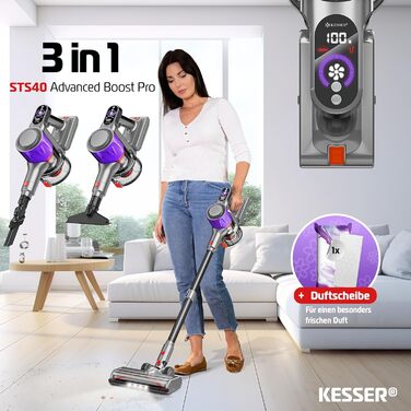 Бездротовий акумуляторний пилосос KESSER® з LED-дисплеєм, до 60 хвилин роботи, тихий, без мішка, з антизаплутаною насадкою, HEPA-фільтром, аромакапсулою (чорний/сірий)