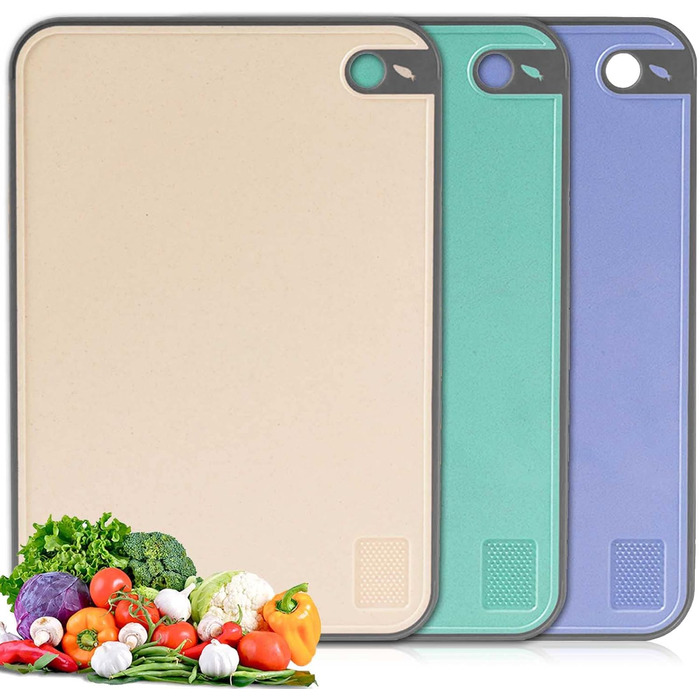 Набір з 3 дерев'яних обробних дощок для кухні, великі, антибактеріальні, з канавкою для соку, стійкі до ковзання, для овочів/фруктів/м'яса, бежевого, зеленого та темно-синього кольорів