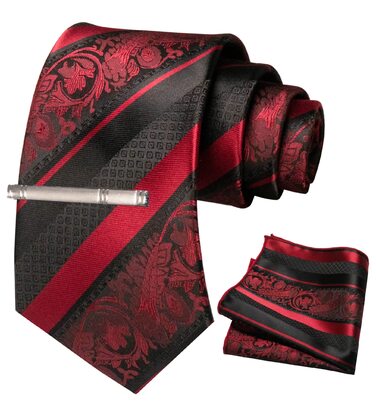 Набір краваток чоловічий JEMYGINS з поєднанням ромбічних візерунків та смужок, з краваткотримачем та кишеньковим хустиною, бордовий