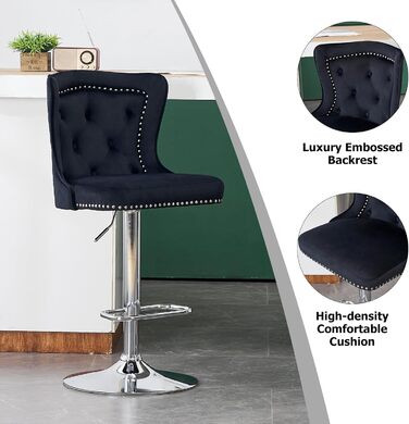 KHISCHMO Velvet Bar Stools 2-Pack - Modern Adjustable Kitchen Counter Barstools with Lion Paw Pulls - 360° Swivel, Black