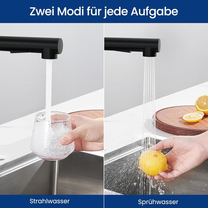 Кухонний змішувач CECIPA висувний, чорний, 360° поворот, міцний, без витоків, легка установка, з витяжною насадкою, матовий чорний