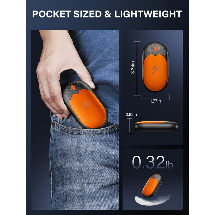 Електричні грілки для рук 2 шт. - Ultraleicht, багаторазові, USB, 3 режими, до 24 годин, для активного відпочинку взимку (Оранжевий)