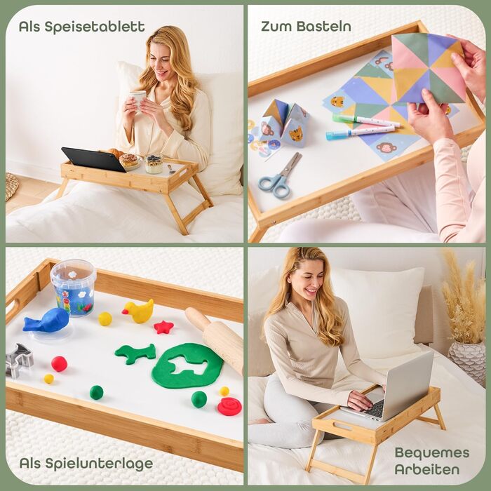 Бамбуковий приліжкові столики Blumtal з дерев'яною підпоркою для планшетів/телефонів - піднос для сніданку в ліжко - складаний приліжкові столики 50 x 30 x 6 см - сервірувальний піднос на ніжках - стійкий приліжкові столики (Білий)