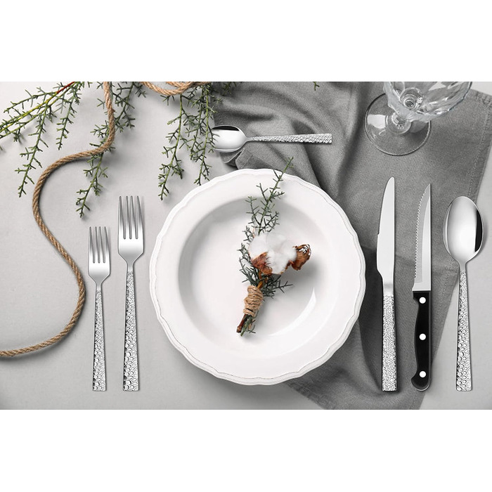 Homikit Cutlery Set, 36-Piece Cutlery Set with Steak Knives, Stainless Steel Polished Eating Cutlery for 6 People with Spoon, Knife, Fork, Hammered Flatware, Rust-Proof & Dishwasher Safe