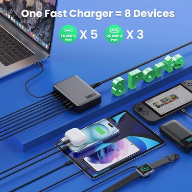Зарядний пристрій USB C 300W, 8 портів, швидка зарядка 100W PD PPS для ноутбука, MacBook, iPad, iPhone 16/15/14, Samsung – Чорний