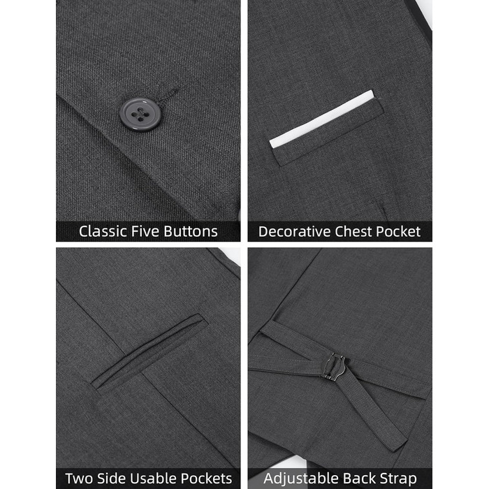 Жилет чоловічий Weste Herren однобортний Slim Fit V-подібний виріз, однотонний для весілля, темно-сірий, розмір 3XL