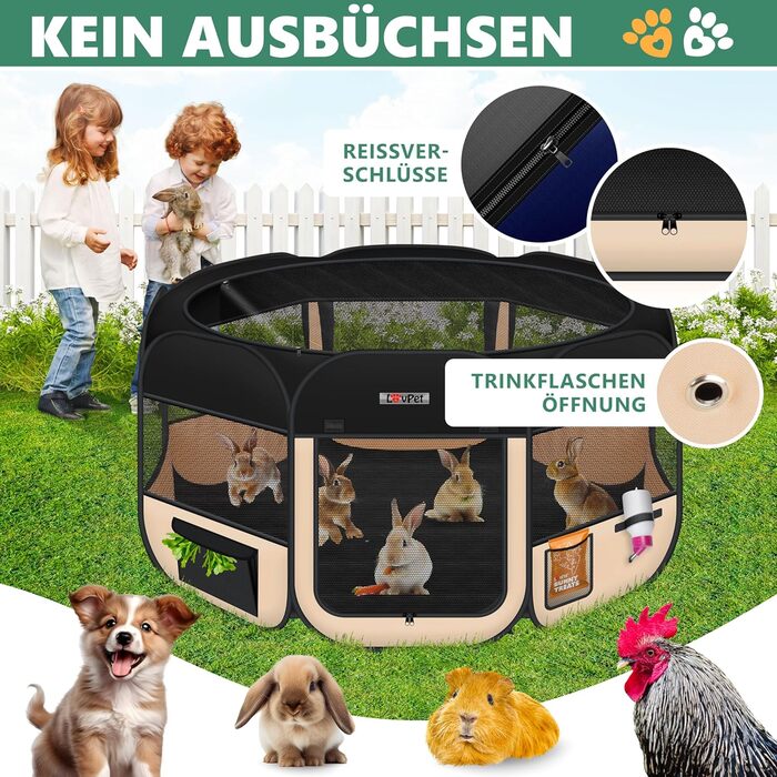LOVPET® Foldable Pet Playpen with Food Bowl & Fleece Blanket - Indoor/Outdoor Dog & Cat Pen, Pop-Up Crate, Oxford Fabric, Grey/Black