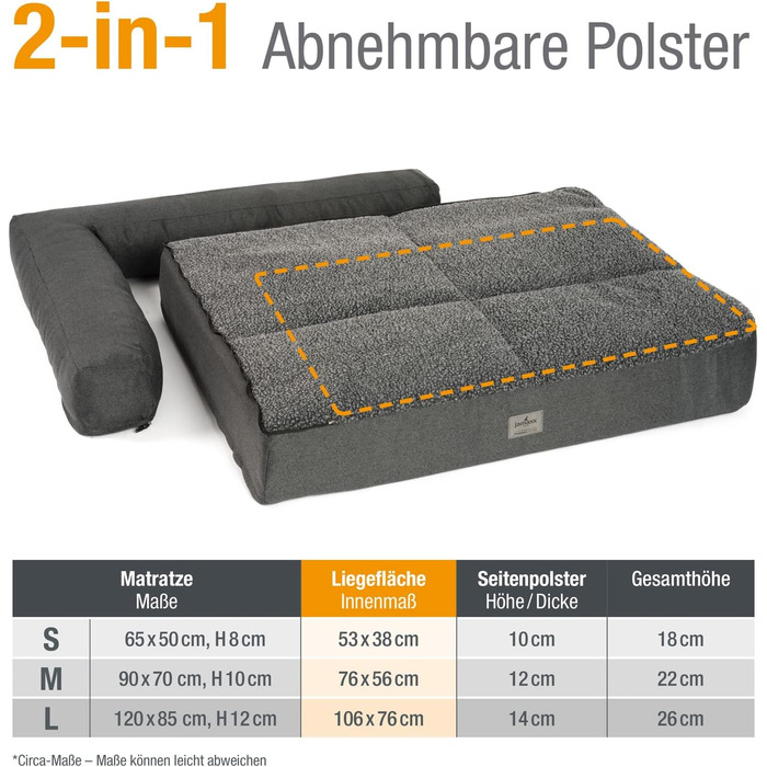 JAMAXX Преміум Софа для собак 2-в-1 - Ортопедична подушка з Memory Foam, Знімні подушки та чохол, Матеріал: Лямбсфур/Шерпа, PDB3014 (L) 120x90 антрацит