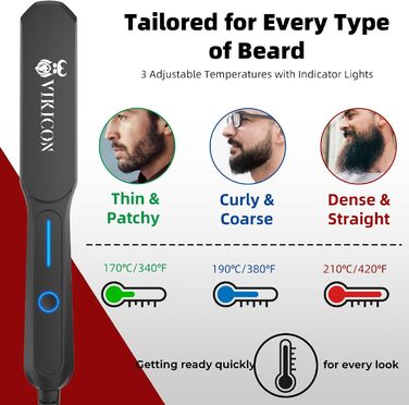 VIKICON Men's Beard Straightener Brush - Mini Pro Hair Straightener with Negative Ions, 3-Temp Settings, Portable & Fast for Beard & Hair Styling - Black