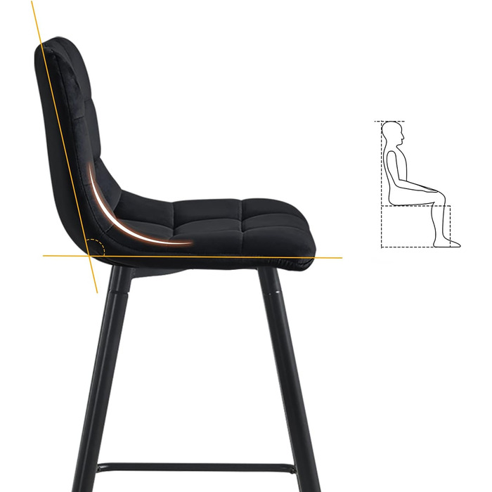 Velvet Bar Stools Set of 2 - Black Bar Chairs with Backrest, 66cm Seat Height, 50x45x94cm - Modern Counter Stools for Kitchen Island
