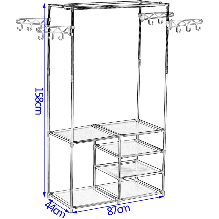 Wardrobe open, coat rack with clothes rail and 12 hooks, freestanding wardrobe with shelf, for dressing room, bedroom, 44 x 87 x 158 cm, Black