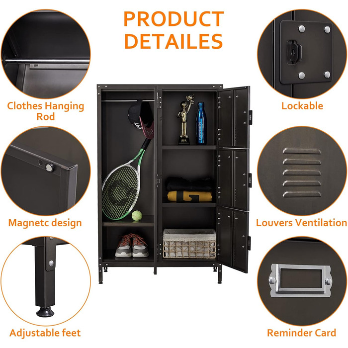 Metal Locker with Lockable Doors, Industrial Steel Cabinet for School, Home, Office, Garage, H140*W38*D46 cm (4 Doors)