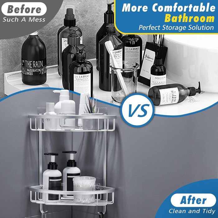 Поличка для душу Gricol Eck-Duschregal без свердління, металева, кутова, з 2 гачками, для ванної кімнати, срібна