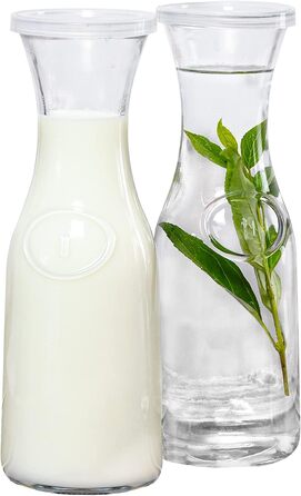 Glass Carafe Style 1 Liter with Lid for 1 Liter (2), Water, Juice, Tall Slim Neck Design, 935 ml, 2 Pieces, Transparent