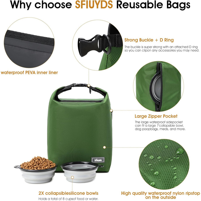 Набір для годування собак: сумка-органайзер з 2 склавними мисками та контейнером для корму (зелений, маленький)