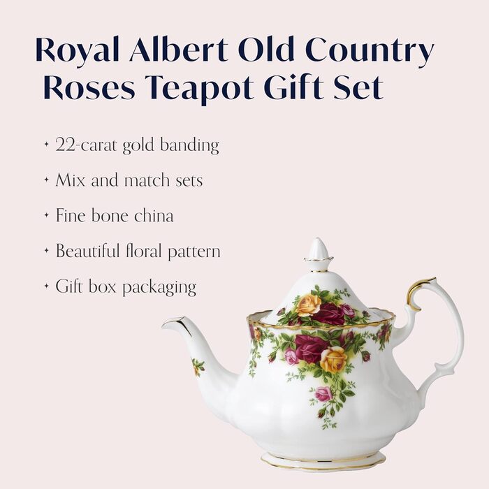 Чайний сервіз Royal Albert Old Country Roses на 4 персони, порцеляна Bone China, середній розмір, квітковий візерунок, чайник 0,8 л, вінтажний подарунковий набір