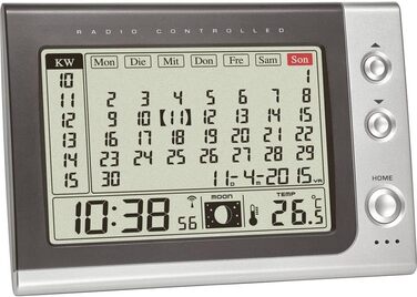 TFA Dostmann Radio Alarm Clock with Monthly Calendar, 60.2529.54, Indoor Temperature/Moon Phase Display, Calendar Function, Desk Calendar, Desk Clock, Modern, Practical, Gray