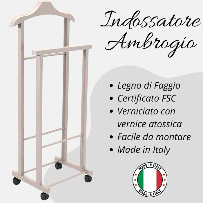 Tomaino - Valet's Bedroom in Wood - Clothes Rack with Wheels Ambrogio - Modern Valet for Clothing and Accessories (Dove)