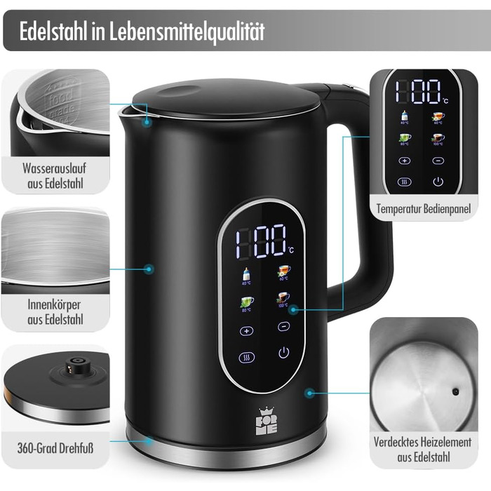 Електричний чайник ForMe з нержавіючої сталі, 1.7 л, регулювання температури 40-100°C, LED дисплей, функція підтримання тепла, BPA Free