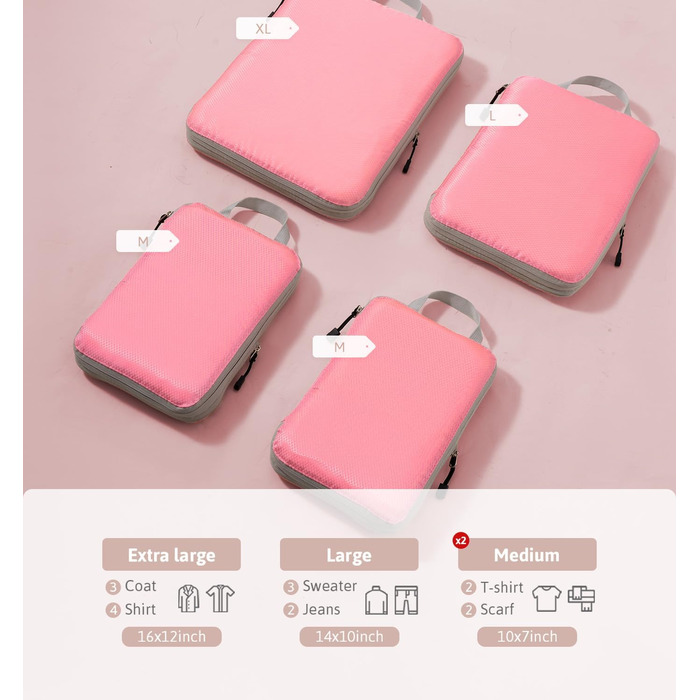 Набір кубиків-органайзерів для валіз Meowoo (4шт) - рожевий. Кубики для подорожей, компресійні, водонепроникні, для ручної поклажі та валізи (XL, L, 2xM)