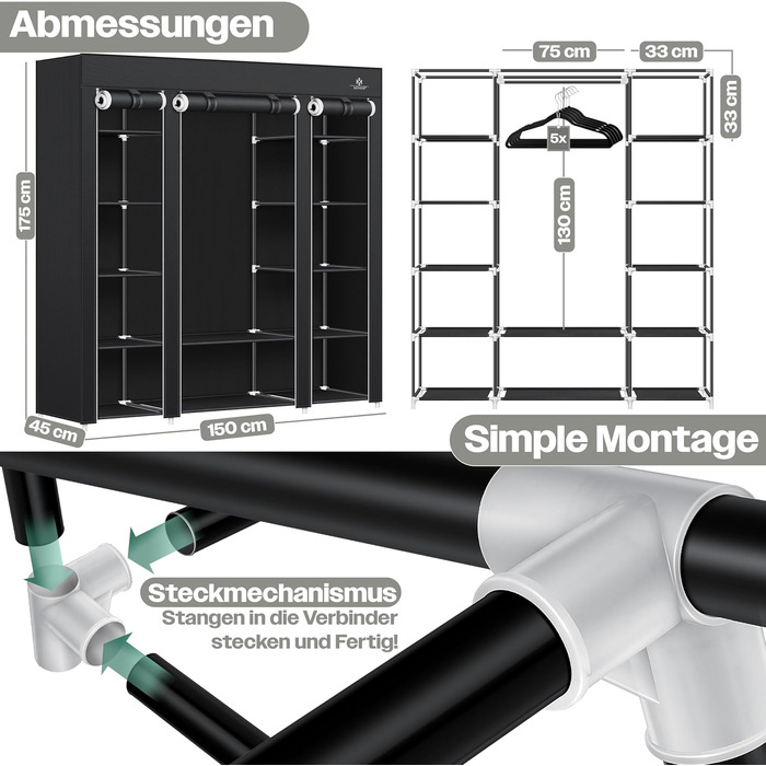 KESSER® Wardrobe Fabric Clothes Rack Stable with Clothes Rail & Shelves, Incl. 5x Clothes Hangers, Fabric Folding Wardrobe for Bedroom, Dressing Room Clothes Rack 150x45x175cm (Black)