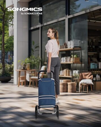 SONGMICS Shopping Trolley, Cart, Shopping Cart with Cooler Compartment, Large, 35 Liter, Foldable, Shopping Bag with Wheels, Detachable Bag, KST03BK (Blue)