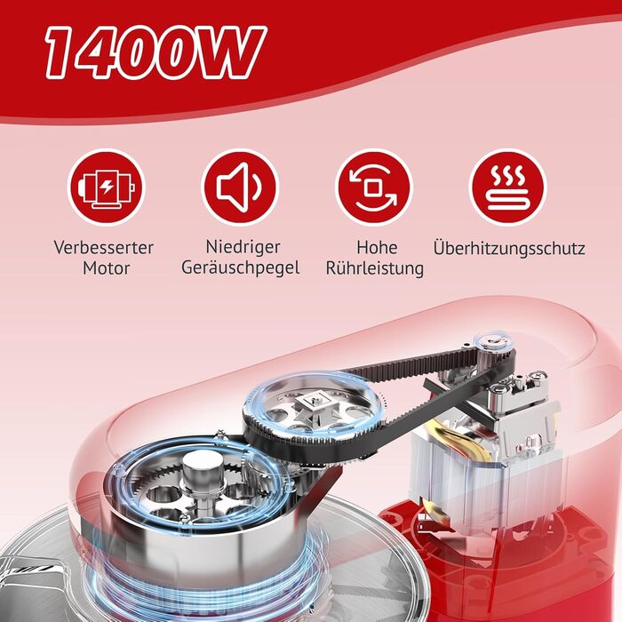 Кухонна машина Küchenmaschine 6.2 л, 1400 Вт, 6 швидкостей з набором насадок (міксер, гак для тіста, вінчик)