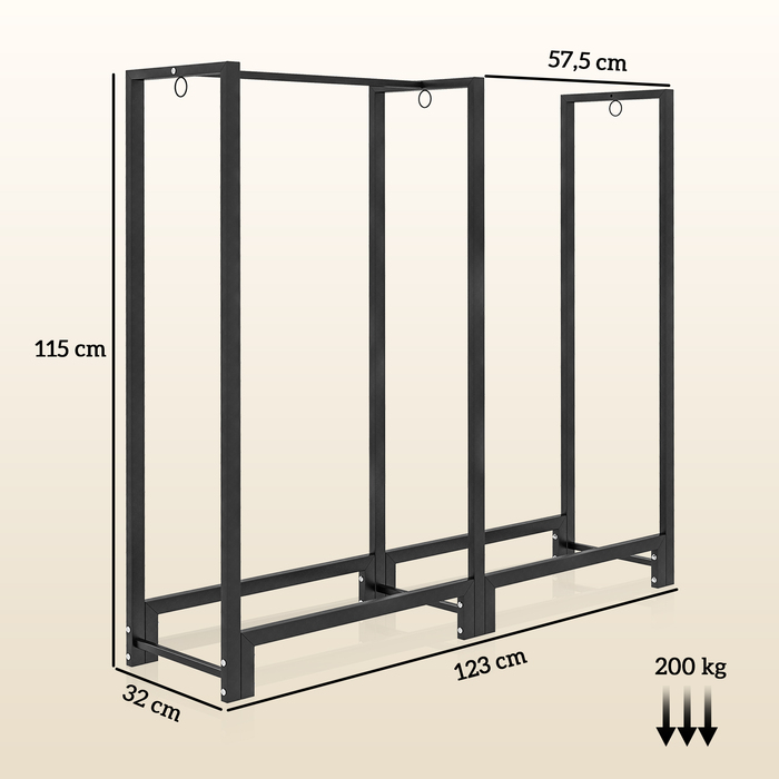 Стильна полиця для дров Outsunny (Aosom) – 123 x 32 x 115 см. Міцна сталева конструкція, що складається з двох секцій, має три гачки та витримує до 200 кг. Ідеально підходить для використання як на відкритому повітрі, так і в приміщенні.