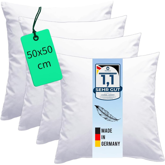 Luxusfeder 4-Pack Sofa Cushions 50x50 cm - Down Filling 500g - Cover 100% Cotton - Down Cushions - Cushion Filling - Cushion Insert - Inner Cushion - Öko-Tex