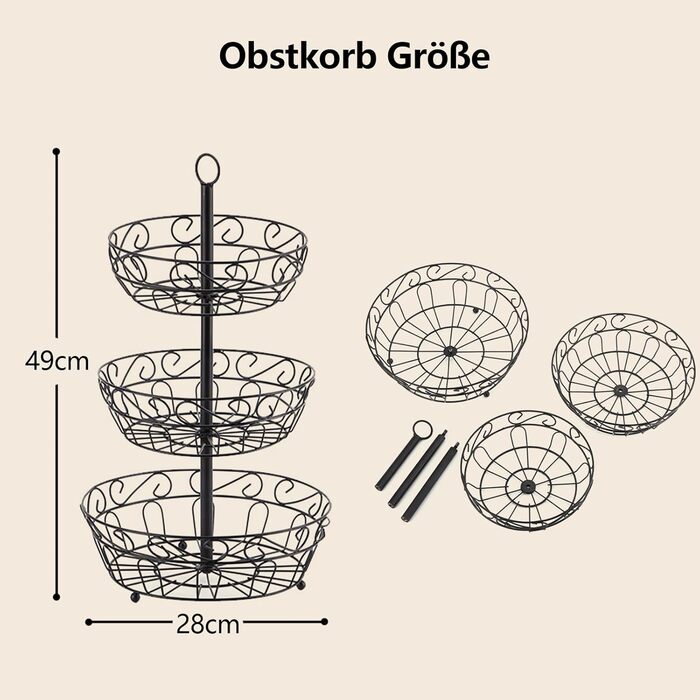 Металева етажерка для фруктів Stöckig 3 яруси - кошик для зберігання фруктів, чорний, для кухні, вітальні, офісу