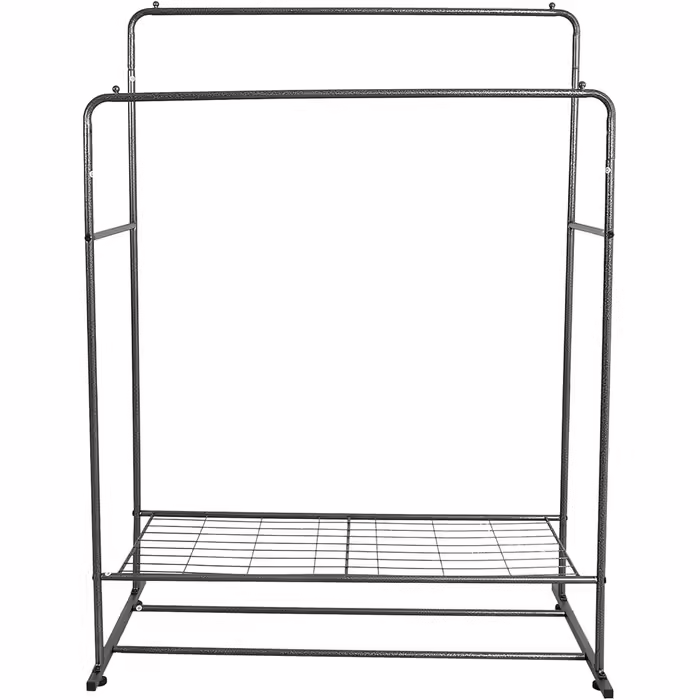 JURMERRY Freestanding Clothes Rack, Double Hanging Rail, High-Performance Metal with Shelf, Commercial Grade, (Silver)