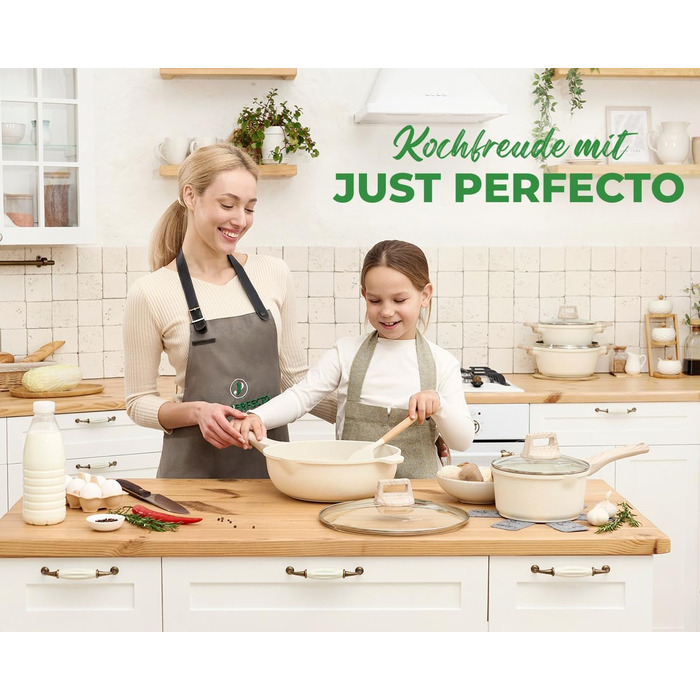 JUST PERFECTO Cookware Set Induction - Frying Pan Set with Lid - Induction Pots Set - Cookware Set without PTFE and PFOA - Induction Cookware Set (15-Piece Beige)