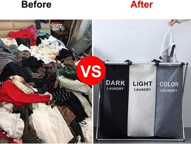 UHAPEER Laundry Basket 3 Compartments Large Foldable Dirty Clothes Basket Waterproof Laundry Collector Space Clothes Classification Light/Dark/Dyed (68 * 38 * 60cm, 3 Compartments)