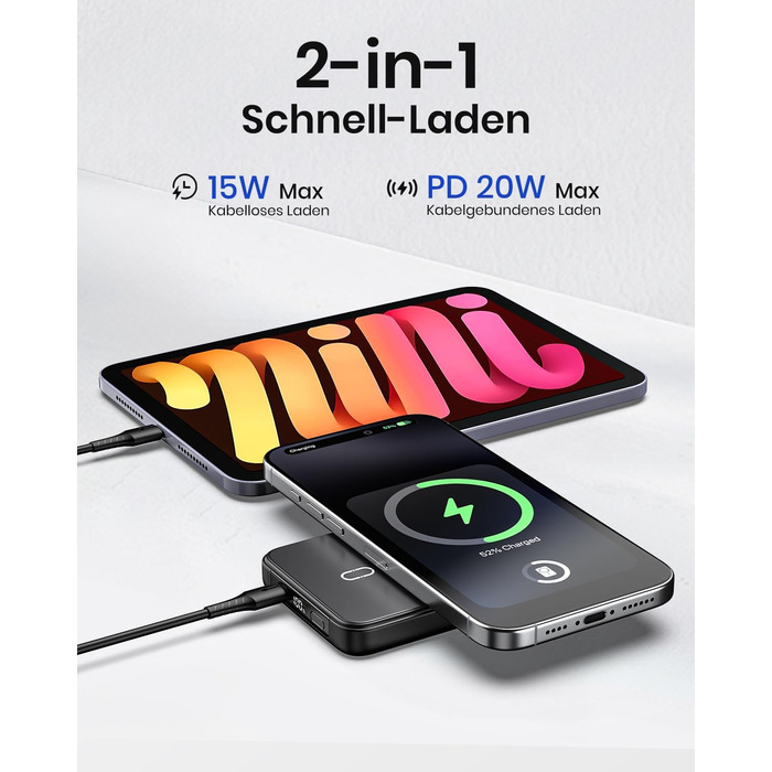 Power Bank Riapow 10000mAh з бездротовою зарядкою, PD 20W, USB-C, LED-індикатор (Чорний)