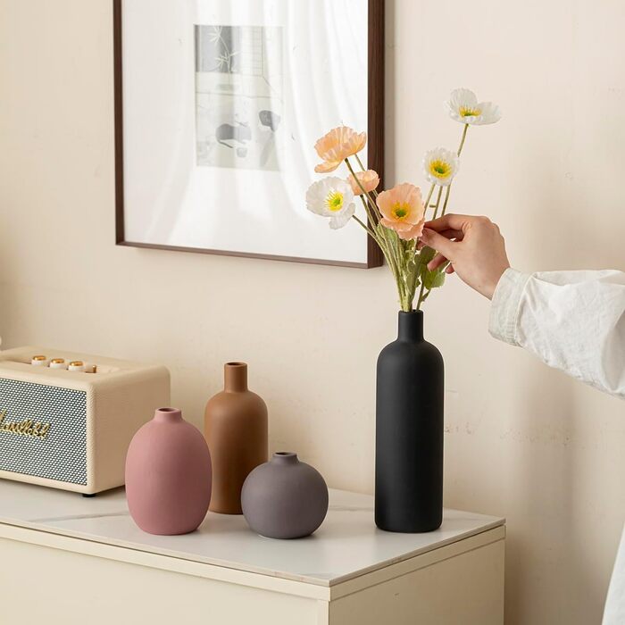 Modern Ceramic Vase Set - 4 Piece, Morandi Colors, Minimalist Table Decor, Nordic Style, Neutral Boho Scandinavian Vase Set (Black)