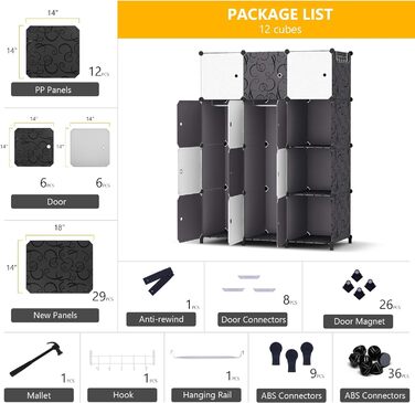 HOMIDEC Closet, Portable Storage System, 20-Cube Plastic Closet with 2 Clothes Rods, Bedroom Closet Wardrobe White for Bedroom, 180 x 142 x 45cm (12 cube, White & Black)