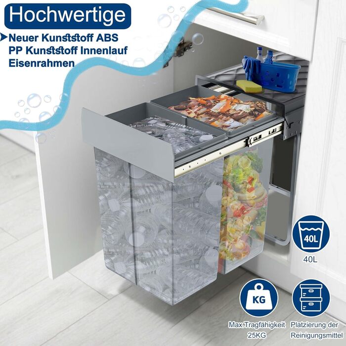 Вбудований контейнер для сміття HENGMEI, сірий, 2x20L (висувний, для кухні)